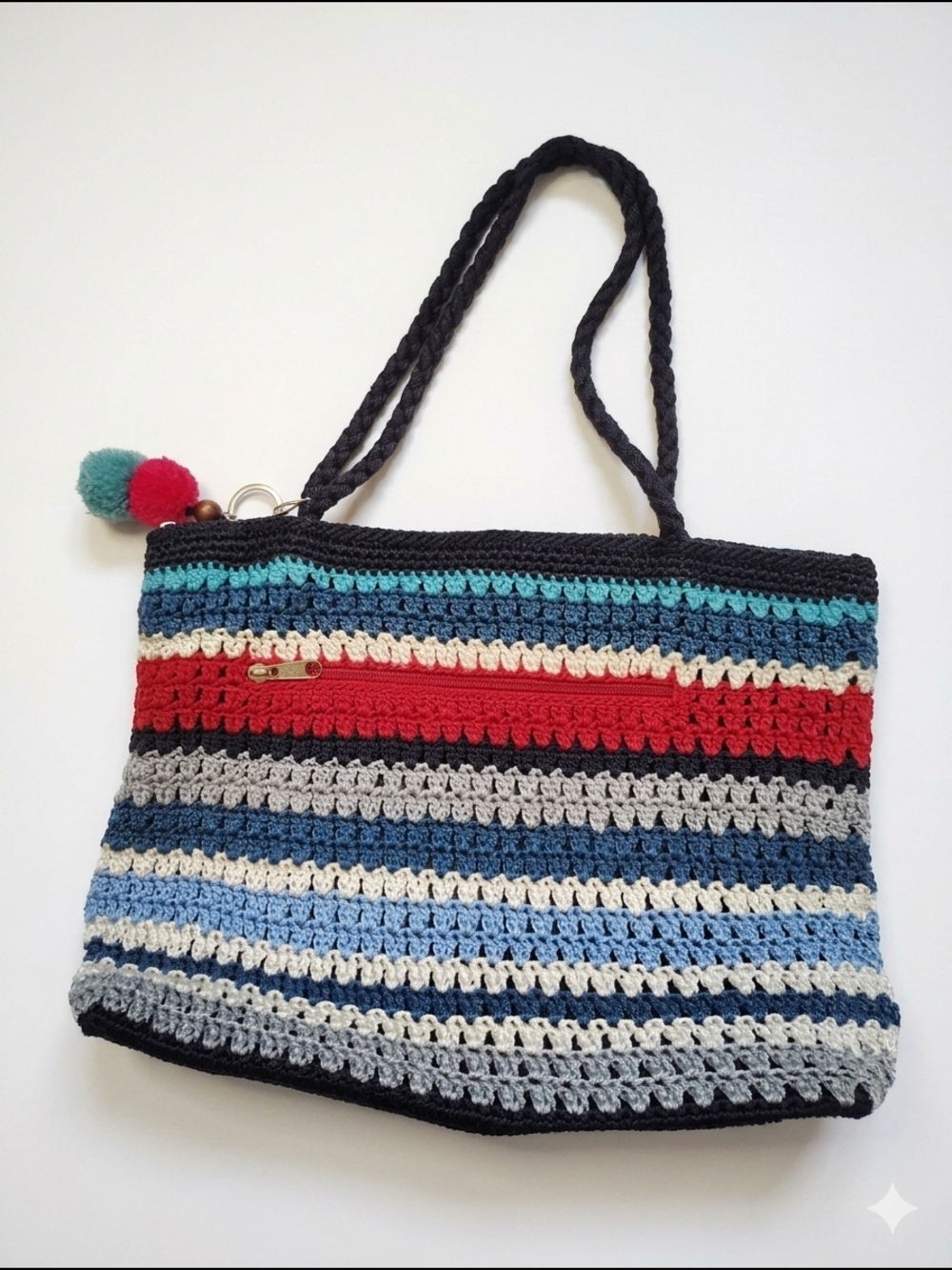 The Sak Crochet Striped Boho Tote with Pom-Pom Accents‎